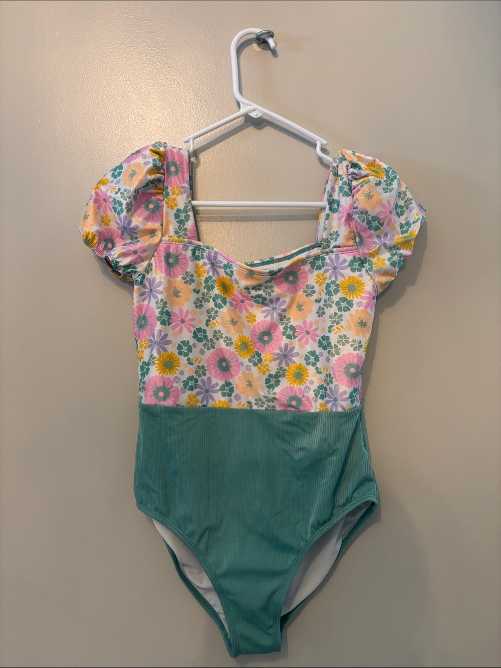 wonder nation Floral Puff Sleeve One-Piece Swimsuit in Pink, Yellow, Green